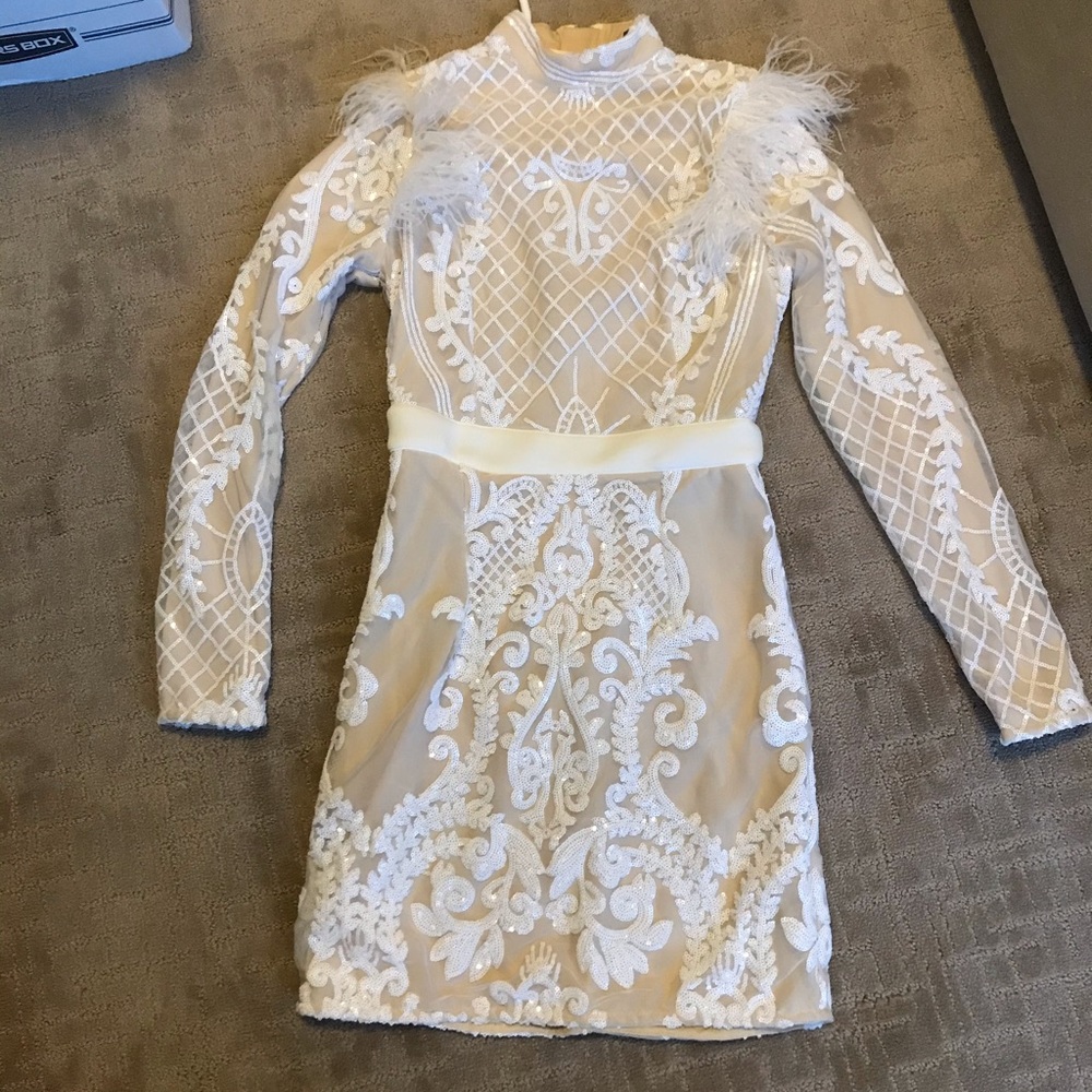 Pretty Little Thing White Sequin and Feather Dress